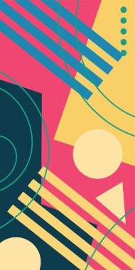 Çeşitli geometrik şekillere sahip soyut dikey arkaplan kartı. Geometrik memphis tarzına sahip dikey duvar kağıdı.