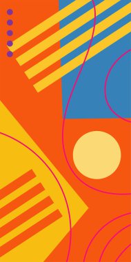 Çeşitli geometrik şekillere sahip soyut dikey arkaplan kartı. Geometrik memphis tarzına sahip dikey duvar kağıdı.