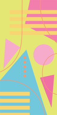 Çeşitli geometrik şekillere sahip soyut dikey arkaplan kartı. Geometrik memphis tarzına sahip dikey duvar kağıdı.