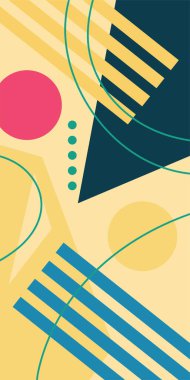 Çeşitli geometrik şekillere sahip soyut dikey arkaplan kartı. Geometrik memphis tarzına sahip dikey duvar kağıdı.