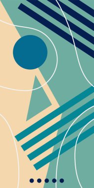 Çeşitli geometrik şekillere sahip soyut dikey arkaplan kartı. Geometrik memphis tarzına sahip dikey duvar kağıdı.