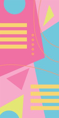 Çeşitli geometrik şekillere sahip soyut dikey arkaplan kartı. Geometrik memphis tarzına sahip dikey duvar kağıdı.