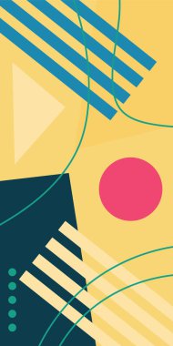 Çeşitli geometrik şekillere sahip soyut dikey arkaplan kartı. Geometrik memphis tarzına sahip dikey duvar kağıdı.