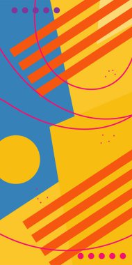 Çeşitli geometrik şekillere sahip soyut dikey arkaplan kartı. Geometrik memphis tarzına sahip dikey duvar kağıdı.