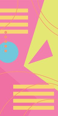 Çeşitli geometrik şekillere sahip soyut dikey arkaplan kartı. Geometrik memphis tarzına sahip dikey duvar kağıdı.