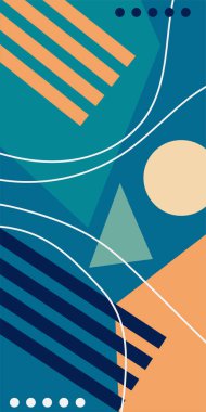 Çeşitli geometrik şekillere sahip soyut dikey arkaplan kartı. Geometrik memphis tarzına sahip dikey duvar kağıdı.