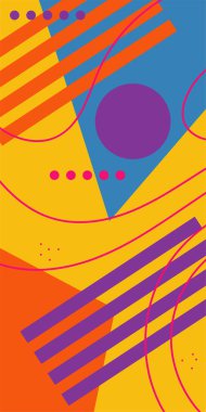 Çeşitli geometrik şekillere sahip soyut dikey arkaplan kartı. Geometrik memphis tarzına sahip dikey duvar kağıdı.