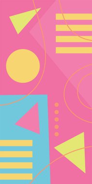 Çeşitli geometrik şekillere sahip soyut dikey arkaplan kartı. Geometrik memphis tarzına sahip dikey duvar kağıdı.