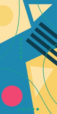 Çeşitli geometrik şekillere sahip soyut dikey arkaplan kartı. Geometrik memphis tarzına sahip dikey duvar kağıdı.