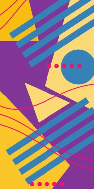 Çeşitli geometrik şekillere sahip soyut dikey arkaplan kartı. Geometrik memphis tarzına sahip dikey duvar kağıdı.