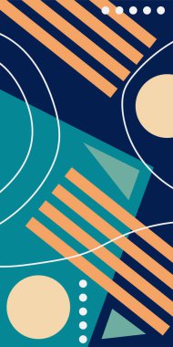 Çeşitli geometrik şekillere sahip soyut dikey arkaplan kartı. Geometrik memphis tarzına sahip dikey duvar kağıdı.