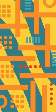 Çeşitli geometrik şekillere sahip soyut dikey arkaplan kartı. Geometrik memphis tarzına sahip dikey duvar kağıdı.