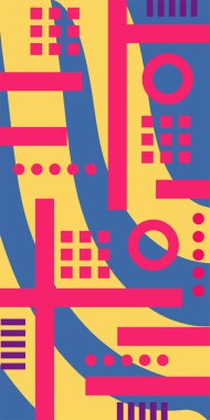 Çeşitli geometrik şekillere sahip soyut dikey arkaplan kartı. Geometrik memphis tarzına sahip dikey duvar kağıdı.