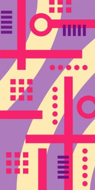 Çeşitli geometrik şekillere sahip soyut dikey arkaplan kartı. Geometrik memphis tarzına sahip dikey duvar kağıdı.