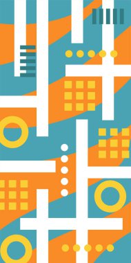 Çeşitli geometrik şekillere sahip soyut dikey arkaplan kartı. Geometrik memphis tarzına sahip dikey duvar kağıdı.