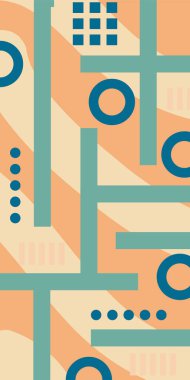 Çeşitli geometrik şekillere sahip soyut dikey arkaplan kartı. Geometrik memphis tarzına sahip dikey duvar kağıdı.