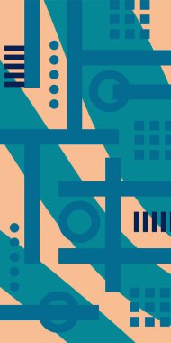 Çeşitli geometrik şekillere sahip soyut dikey arkaplan kartı. Geometrik memphis tarzına sahip dikey duvar kağıdı.