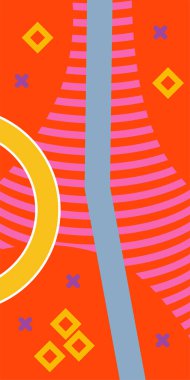 Çeşitli geometrik şekillere sahip soyut dikey arkaplan kartı. Geometrik memphis tarzına sahip dikey duvar kağıdı.