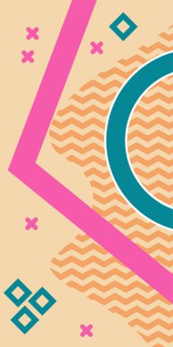 Çeşitli geometrik şekillere sahip soyut dikey arkaplan kartı. Geometrik memphis tarzına sahip dikey duvar kağıdı.