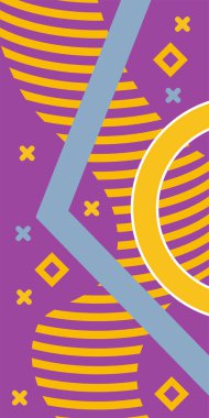 Çeşitli geometrik şekillere sahip soyut dikey arkaplan kartı. Geometrik memphis tarzına sahip dikey duvar kağıdı.