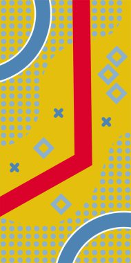 Çeşitli geometrik şekillere sahip soyut dikey arkaplan kartı. Geometrik memphis tarzına sahip dikey duvar kağıdı.