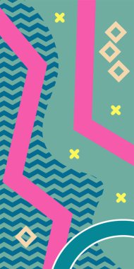 Çeşitli geometrik şekillere sahip soyut dikey arkaplan kartı. Geometrik memphis tarzına sahip dikey duvar kağıdı.