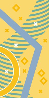 Çeşitli geometrik şekillere sahip soyut dikey arkaplan kartı. Geometrik memphis tarzına sahip dikey duvar kağıdı.