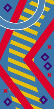 Çeşitli geometrik şekillere sahip soyut dikey arkaplan kartı. Geometrik memphis tarzına sahip dikey duvar kağıdı.