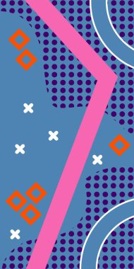 Çeşitli geometrik şekillere sahip soyut dikey arkaplan kartı. Geometrik memphis tarzına sahip dikey duvar kağıdı.