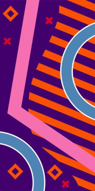 Çeşitli geometrik şekillere sahip soyut dikey arkaplan kartı. Geometrik memphis tarzına sahip dikey duvar kağıdı.