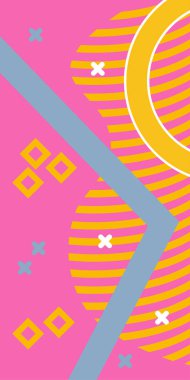 Çeşitli geometrik şekillere sahip soyut dikey arkaplan kartı. Geometrik memphis tarzına sahip dikey duvar kağıdı.