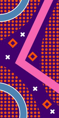 Çeşitli geometrik şekillere sahip soyut dikey arkaplan kartı. Geometrik memphis tarzına sahip dikey duvar kağıdı.
