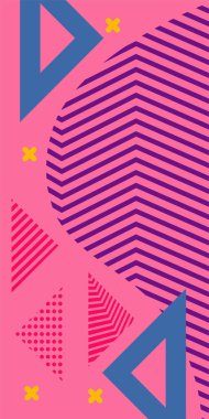 Çeşitli geometrik şekillere sahip soyut dikey arkaplan kartı. Geometrik memphis tarzına sahip dikey duvar kağıdı.