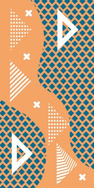 Çeşitli geometrik şekillere sahip soyut dikey arkaplan kartı. Geometrik memphis tarzına sahip dikey duvar kağıdı.