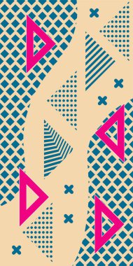 Çeşitli geometrik şekillere sahip soyut dikey arkaplan kartı. Geometrik memphis tarzına sahip dikey duvar kağıdı.