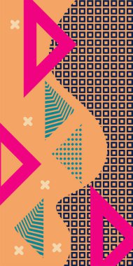 Çeşitli geometrik şekillere sahip soyut dikey arkaplan kartı. Geometrik memphis tarzına sahip dikey duvar kağıdı.