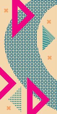 Çeşitli geometrik şekillere sahip soyut dikey arkaplan kartı. Geometrik memphis tarzına sahip dikey duvar kağıdı.