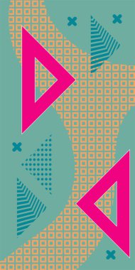 Çeşitli geometrik şekillere sahip soyut dikey arkaplan kartı. Geometrik memphis tarzına sahip dikey duvar kağıdı.