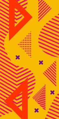 Çeşitli geometrik şekillere sahip soyut dikey arkaplan kartı. Geometrik memphis tarzına sahip dikey duvar kağıdı.