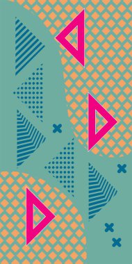 Çeşitli geometrik şekillere sahip soyut dikey arkaplan kartı. Geometrik memphis tarzına sahip dikey duvar kağıdı.