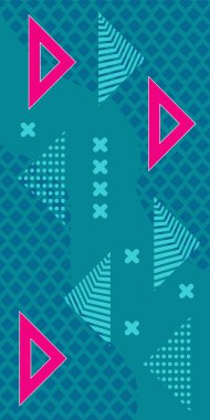 Çeşitli geometrik şekillere sahip soyut dikey arkaplan kartı. Geometrik memphis tarzına sahip dikey duvar kağıdı.