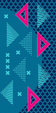 Çeşitli geometrik şekillere sahip soyut dikey arkaplan kartı. Geometrik memphis tarzına sahip dikey duvar kağıdı.