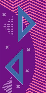 Çeşitli geometrik şekillere sahip soyut dikey arkaplan kartı. Geometrik memphis tarzına sahip dikey duvar kağıdı.