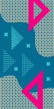 Çeşitli geometrik şekillere sahip soyut dikey arkaplan kartı. Geometrik memphis tarzına sahip dikey duvar kağıdı.