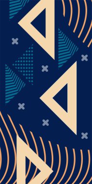 Çeşitli geometrik şekillere sahip soyut dikey arkaplan kartı. Geometrik memphis tarzına sahip dikey duvar kağıdı.