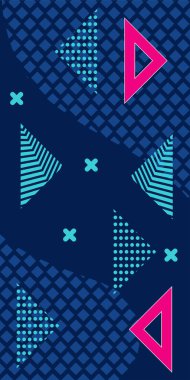 Çeşitli geometrik şekillere sahip soyut dikey arkaplan kartı. Geometrik memphis tarzına sahip dikey duvar kağıdı.