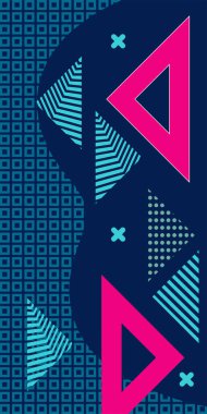 Çeşitli geometrik şekillere sahip soyut dikey arkaplan kartı. Geometrik memphis tarzına sahip dikey duvar kağıdı.