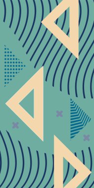 Çeşitli geometrik şekillere sahip soyut dikey arkaplan kartı. Geometrik memphis tarzına sahip dikey duvar kağıdı.