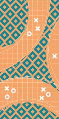 Çeşitli geometrik şekillere sahip soyut dikey arkaplan kartı. Geometrik memphis tarzına sahip dikey duvar kağıdı.