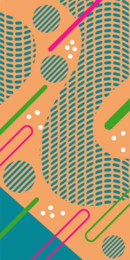 Çeşitli geometrik şekillere sahip soyut dikey arkaplan kartı. Geometrik memphis tarzına sahip dikey duvar kağıdı.